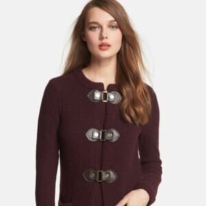 Tory Burch Burgundy Collette Sweater Coat with Brown/Gold Buckles Small